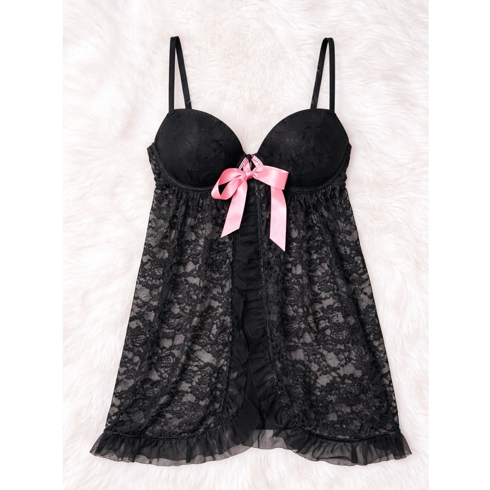 Black Lace Babydoll Lingerie XL Sheer Nightgown Pink‎ Bow Underwire Sexy Chemise